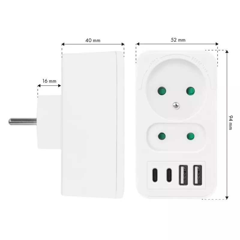 Jagaja MACLEAN MCE249 F/W — 2 voolupesa (16 A + 6 A) ja 4 USB-porti (2× A, 2× C PD 20 W)