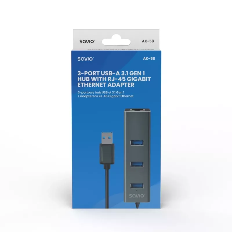 SAVIO USB-A jaotur RJ-45 Gigabit Ethernetiga AK-57 — 3× USB-A + RJ-45, USB 3.2 Gen 1 Micro‑B host, 5 Gbit/s, 4 porti, hall