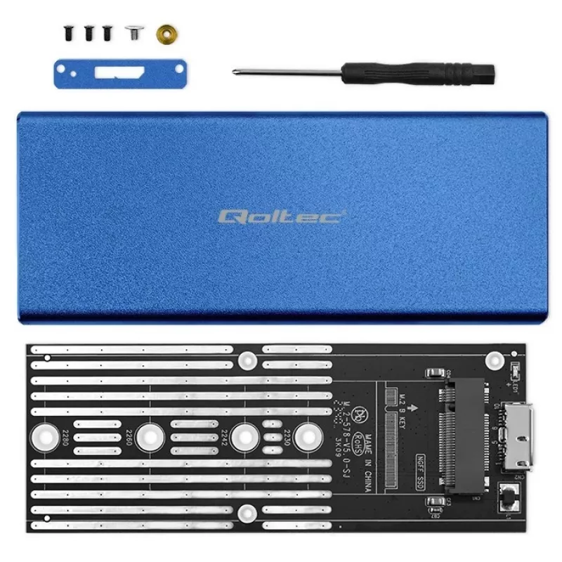 SSD-korpus QOLTEC 51832 — väline M.2 SATA, USB 3.0, kuni 2 TB, sinine, toetab 30 mm draive, 4 pesa