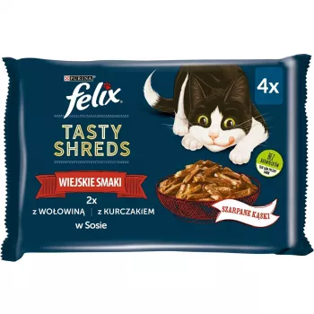 FELIX Tasty Shreds veise- ja kanalihaga - 4x 80g