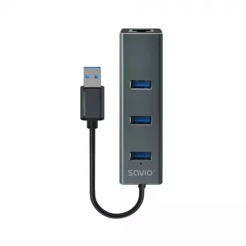 SAVIO USB-A jaotur RJ-45 Gigabit Ethernetiga AK-57 — 3× USB-A + RJ-45, USB 3.2 Gen 1 Micro‑B host, 5 Gbit/s, 4 porti, hall