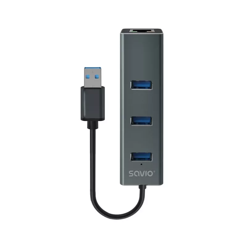 SAVIO USB-A jaotur RJ-45 Gigabit Ethernetiga AK-57 — 3× USB-A + RJ-45, USB 3.2 Gen 1 Micro‑B host, 5 Gbit/s, 4 porti, hall
