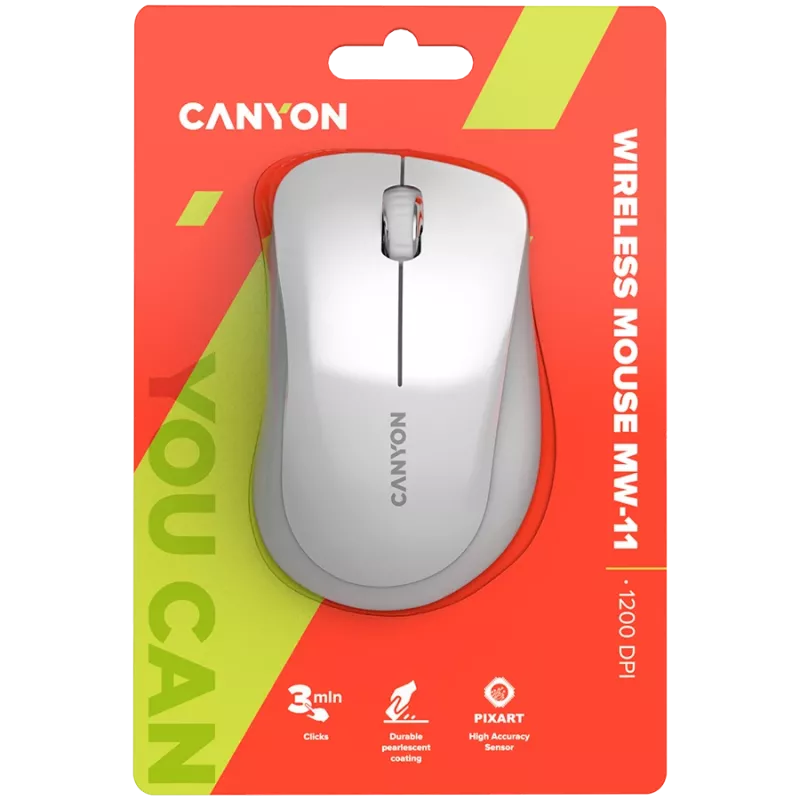 CANYON MW-11, 2,4 GHz juhtmevaba hiir, 3 nupuga, DPI 1200, Aku: AAA * 2 tk, pärlvalge hall 67*109*38 mm 0,063 kg