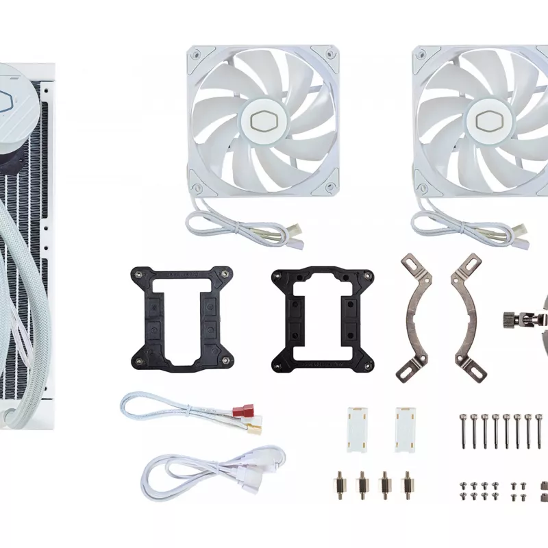 Vedelikjahutuskomplekt Cooler Master MasterLiquid 240L Core ARGB Valge — 240 mm radiaator, 120 mm ventilaatorid, toetab LGA1700/AM5/AM4 ja vanemaid pesasid