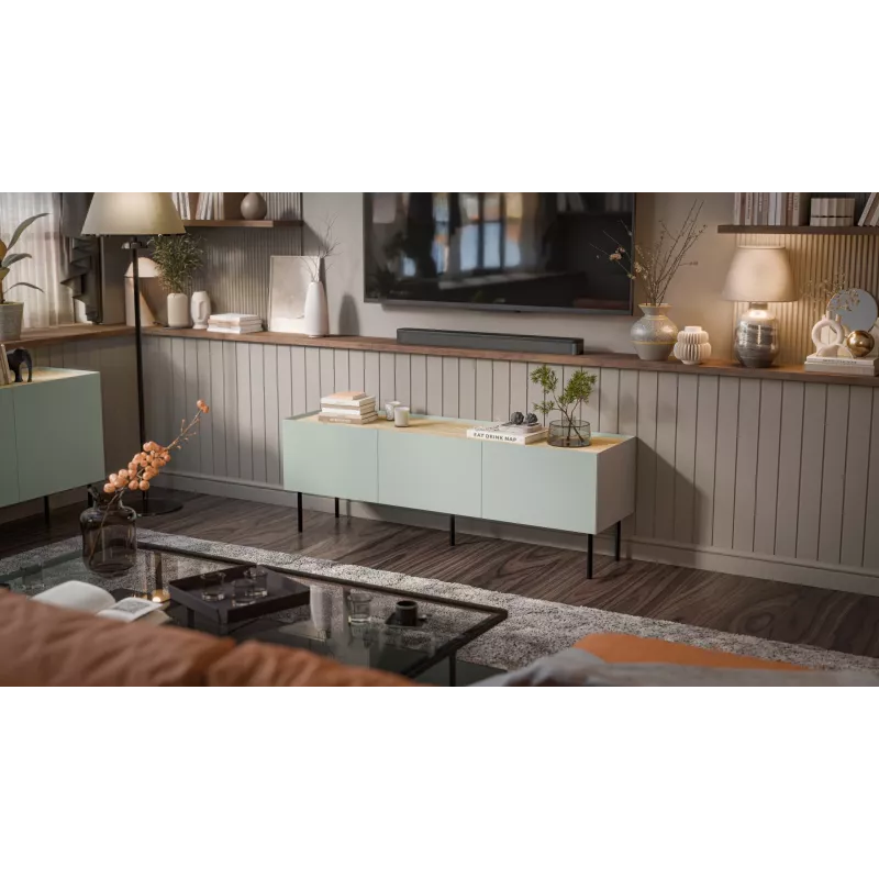 Cama FELLINI TV-kapp 150x40x52 oliivroheline + õlitatud tammest pealisplaat