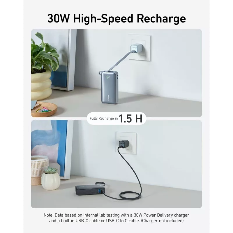 Powerbank 545 NANO 30W 10000mAh sisseehitatud USB-C kaabliga, must
