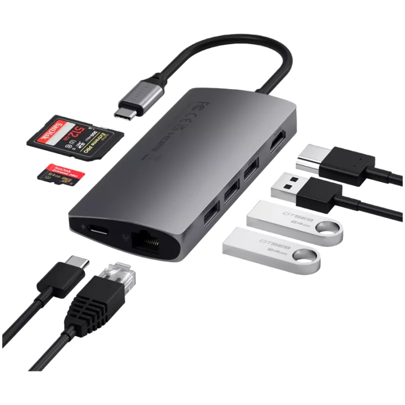 Satechi Alumiiniumadapter V2 USB-C (USB-C, 3x USB-A, 4K HDMI, micro/SD-kaardilugeja, Ethernet) (tähehall)