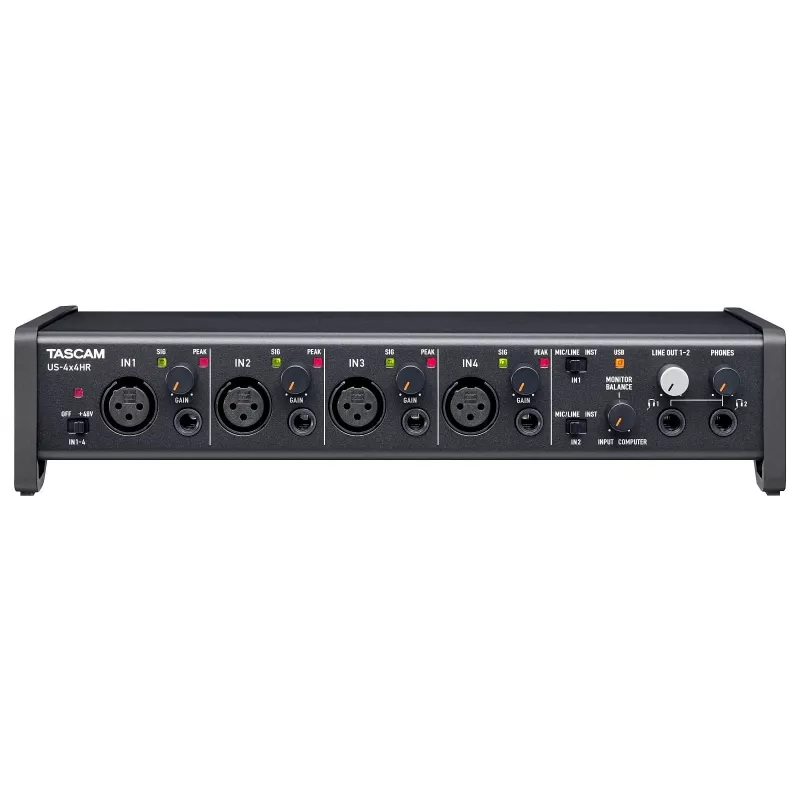 Heliliides Tascam US-4X4HR – 4x XLR combo, 4 analoogväljundit, 56 dB mikrofoni eelvõimendus, 192 kHz, USB 2.0, lauaarvuti, must
