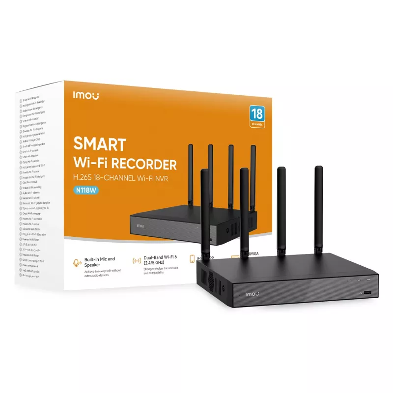 Võrgusalvesti IMOU N118W Must — 18-kanaliline, 4-kanaliline taasesitus, maks. 3840×2160, kaheribaline Wi‑Fi, SATA kuni 16 TB