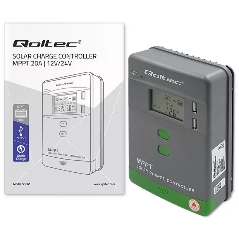 Qoltec, päikese MPPT laadimiskontroller temperatuurianduriga 20A 12V/24V LCD-ekraan 2 x USB