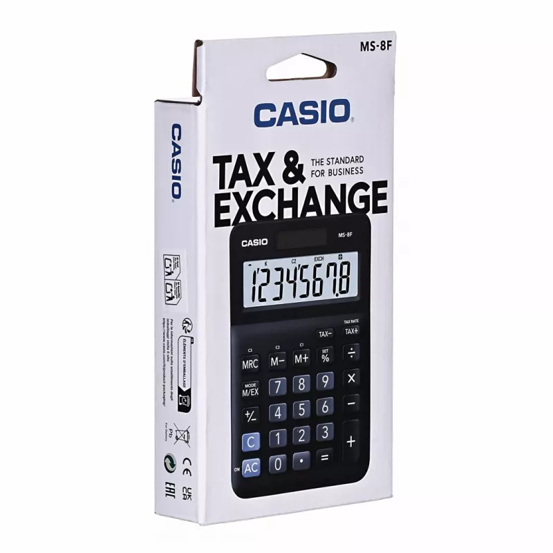Lauaarvuti põhikalkulaator CASIO MS-8F – 8-kohaline, aku/päikeseenergia, 26 klahvi, valuuta- ja maksufunktsioonid, kasumiarvutus, must