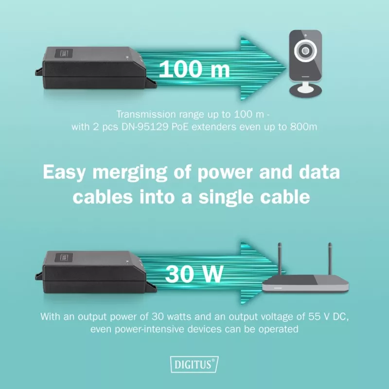 Digitus Gigabit Ethernet PoE+ süstija 802.3at 30 W must