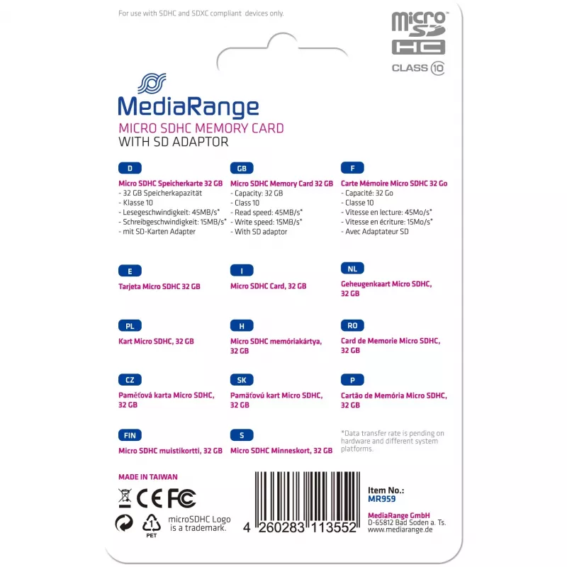 MICRO SDHC MÄLUKAART 32 GB C10 KOOS ADAPTERIGA MR959 MEDIARANGE