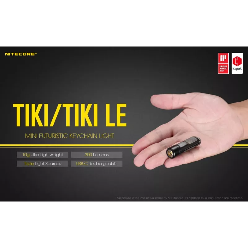 Käsitaskulamp Nitecore TIKI LE — 300 lm, USB-laetav, polükarbonaat, IP66, põrutuskindel, 10,5 g, 55 mm, Must