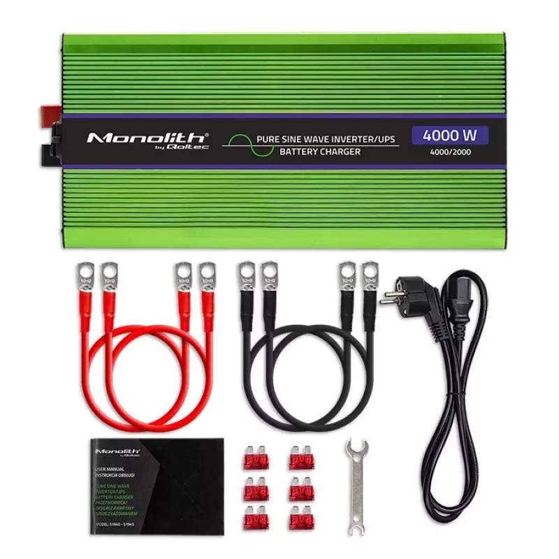 Qoltec Monolith Pingemuundur | Aku laadimine | UPS | 2000W | 4000W | 12V kuni 230V | Puhas siinus | LCD must-roheline