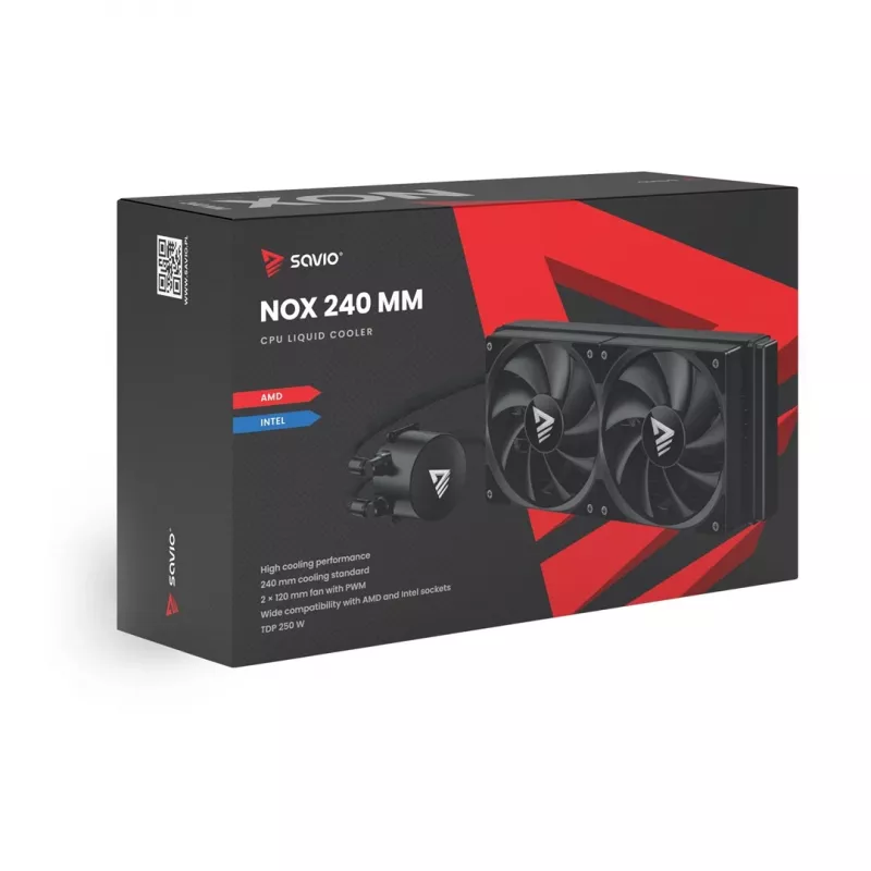 Vedelikjahutuskomplekt SAVIO NOX 240 mm — 240 mm radiaator, 2×120 mm ventilaatorid, alumiiniumradiaator, vasest alusplaat, toetab LGA 2011/2011-v3/2066/1200/115x/775