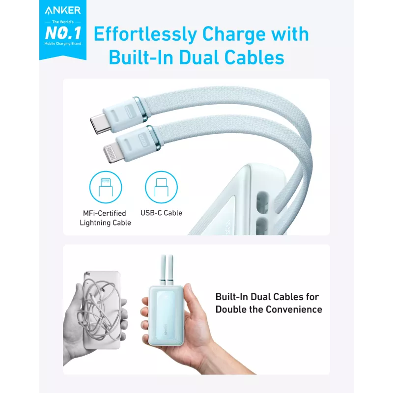Anker Power Bank sisseehitatud USB-C ja Lightning kaabliga | A1680031 | 10000 mAh | 30 W | Sinine