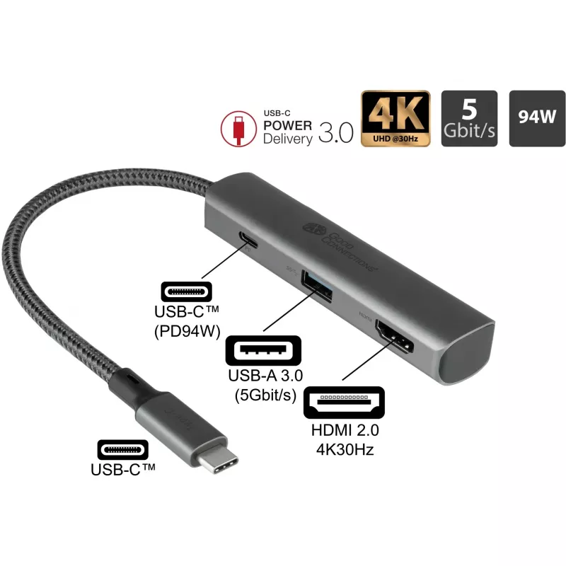 USB USB-C jaotur Alcasa HUB-C002A 5000 Mbit/s HDMI USB 3.0