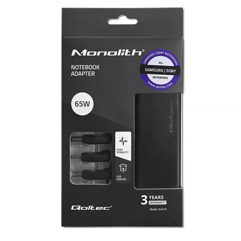 Qoltec 52415 toiteadapter, loodud Samsung Sony jaoks 65W | 3 pistikut | +toitekaabel