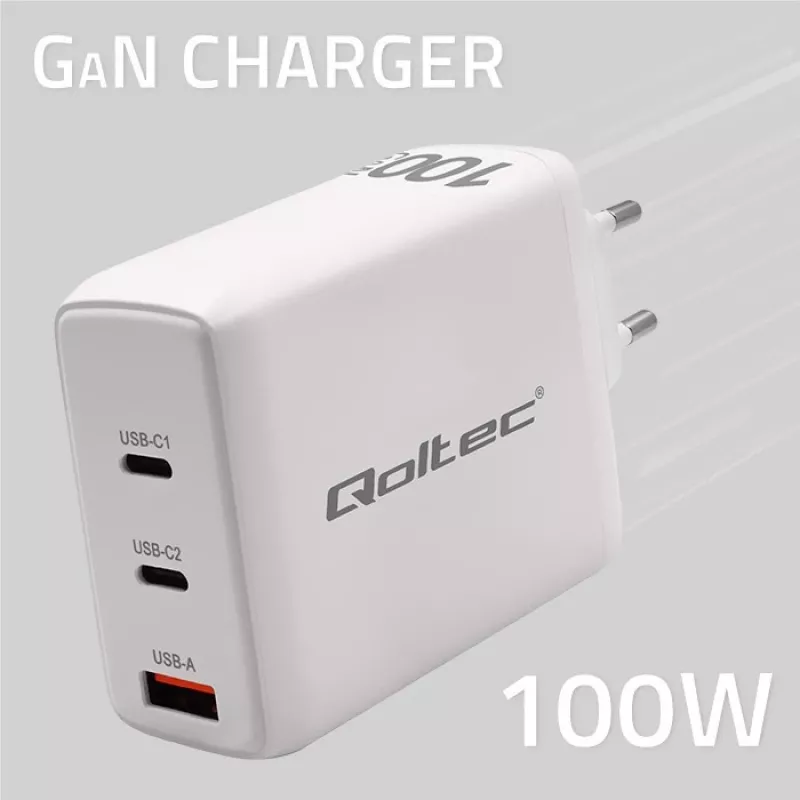 Laadija QOLTEC 100W GaN USB-C Dual PD 5–20V 1.5–5A, 2×USB-C
