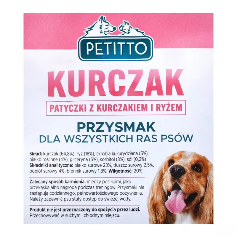 Koerte maius PETITTO Sticks kana ja riisiga 500 g — dieetiline lisasuupiste, valk 23%, rasv 2,5%