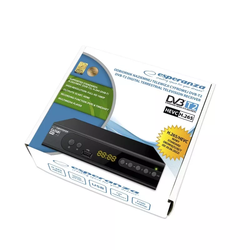 Digiboks ESPERANZA EV106R kaabel-tuuner DVB-T2 / DVB-C HEVC H.265, HDMI, USB, PVR, Dolby Digital, 174–790 MHz, must