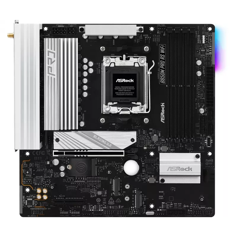 ASRock B850M Pro RS WiFi emaplaat — AMD B850, Socket AM5, microATX, DDR5, 4 DIMM, 256GB, Wi‑Fi 6E, 2.5Gb LAN, 3x M.2