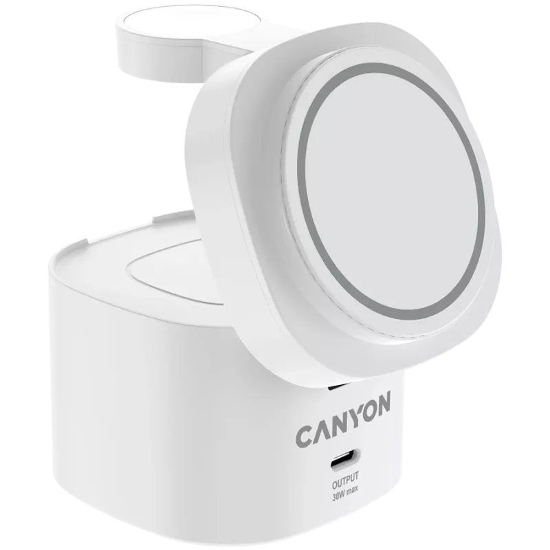 Canyon 4-in-1 juhtmeta laadimisalus, max 30W, mõõdud: 70x70x70.3mm, kaal: 414g, koos 65W laadija ja 1M kaabliga, valge