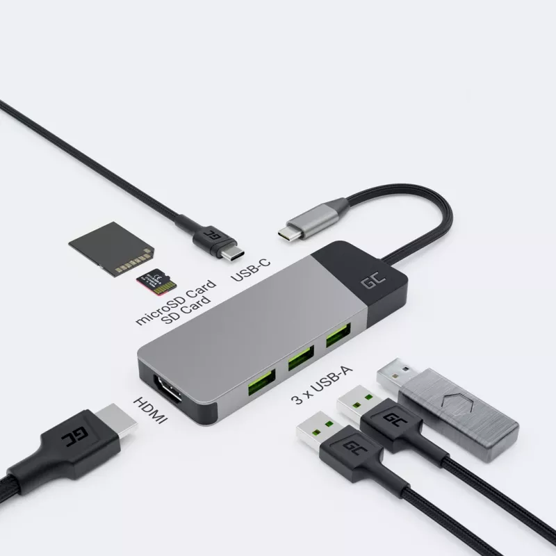 USB Type‑C jaotur roheline Cell HUBGC01 — 7 porti: 3×USB‑A 3.2 Gen 1, 1×USB‑C 3.2 Gen 1, HDMI, microSD+SD mälukaardilugeja — hõbedane