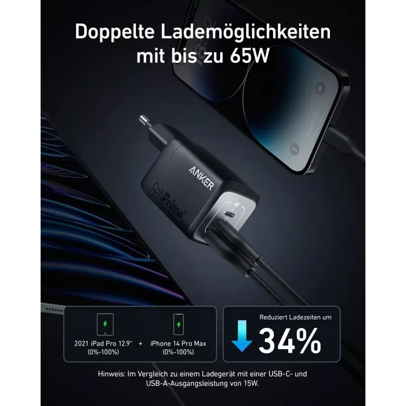 Siseruumides kasutatav USB-kiirlaadimislaadija Anker Prime A2669313 — 67 W, 1×USB-A, 2×USB-C, must