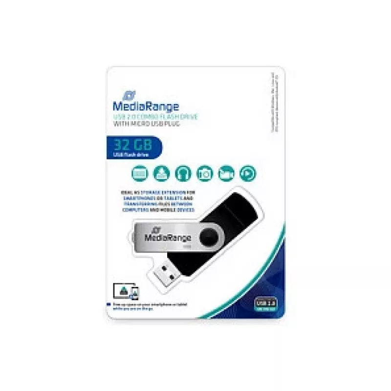 MediaRange MR932 - USB-mälupulk - 32 GB - USB 2.0 / mikro-USB - must/hõbedane (MR932-2)