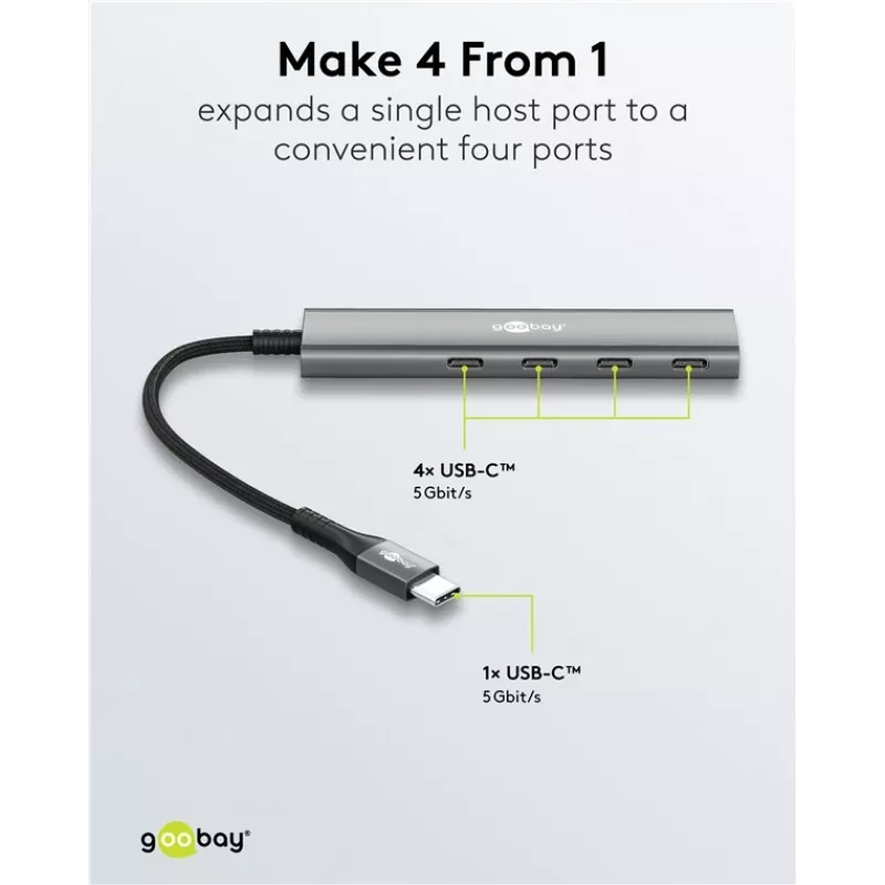 Goobay Slim 4-Port USB-Hub USB-C kuni 5 Gbit/s - -Pistik> 4x -Pesa (76564)
