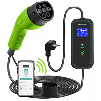 Qoltec mobiilne elektriauto laadija reguleeritav 2in1 Type2 | 3,5kW | 230V | Wi-Fi | LCD | kaasaskantav | seinakarp | 5m