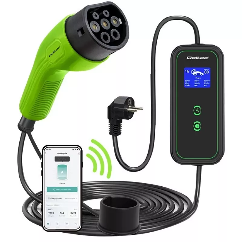 Qoltec mobiilne elektriauto laadija reguleeritav 2in1 Type2 | 3,5kW | 230V | Wi-Fi | LCD | kaasaskantav | seinakarp | 5m