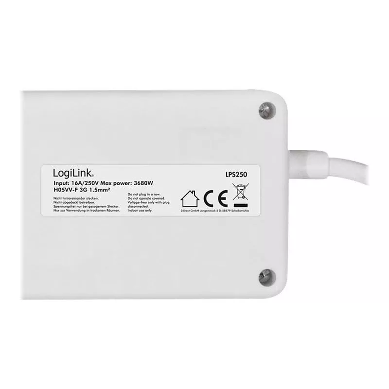 Pikendusjuhe LogiLink LPS250 1,5 m 6 vahelduvvoolu pistikupesa siseruumidesse valge