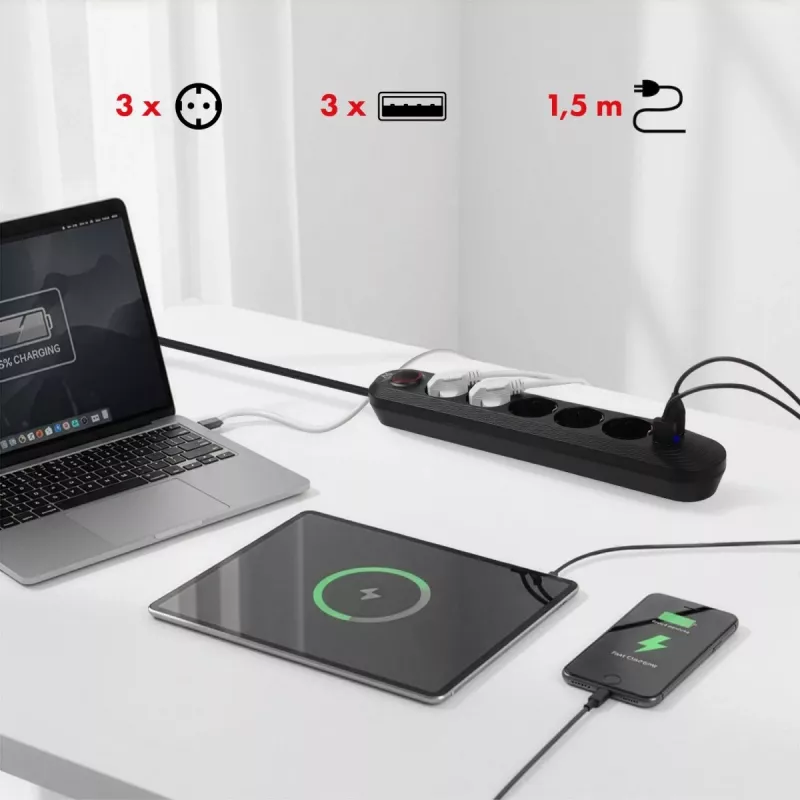 Pistikupesa MACLEAN MCE395 B — 5 pistikupesa, 3×USB, 110–240V AC, 2.1A USB, 2500W, 1.5 m kaabel, must