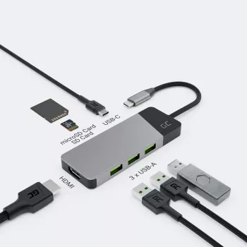 USB Type‑C jaotur roheline Cell HUBGC01 — 7 porti: 3×USB‑A 3.2 Gen 1, 1×USB‑C 3.2 Gen 1, HDMI, microSD+SD mälukaardilugeja — hõbedane