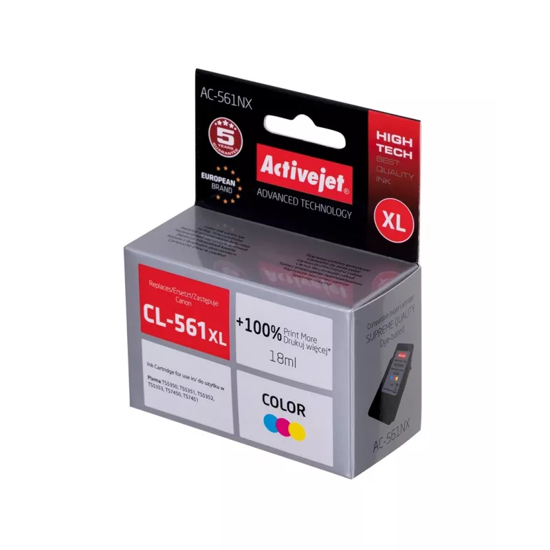 Activejet AC-561NX tindikassett (asendus Canon CL-561XL; Supreme; 18 ml; värv: tsüaan, magenta, kollane)