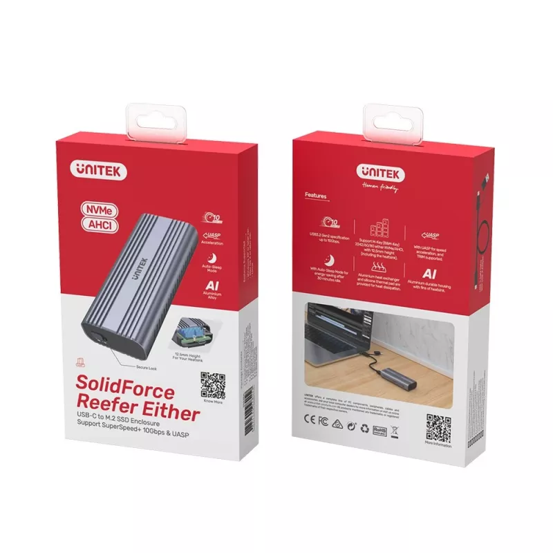 SSD-korpus Unitek SolidForce Reefer Hall — M.2 NVMe PCIe, USB‑C 10 Gbit/s, alumiinium, 1 draiv