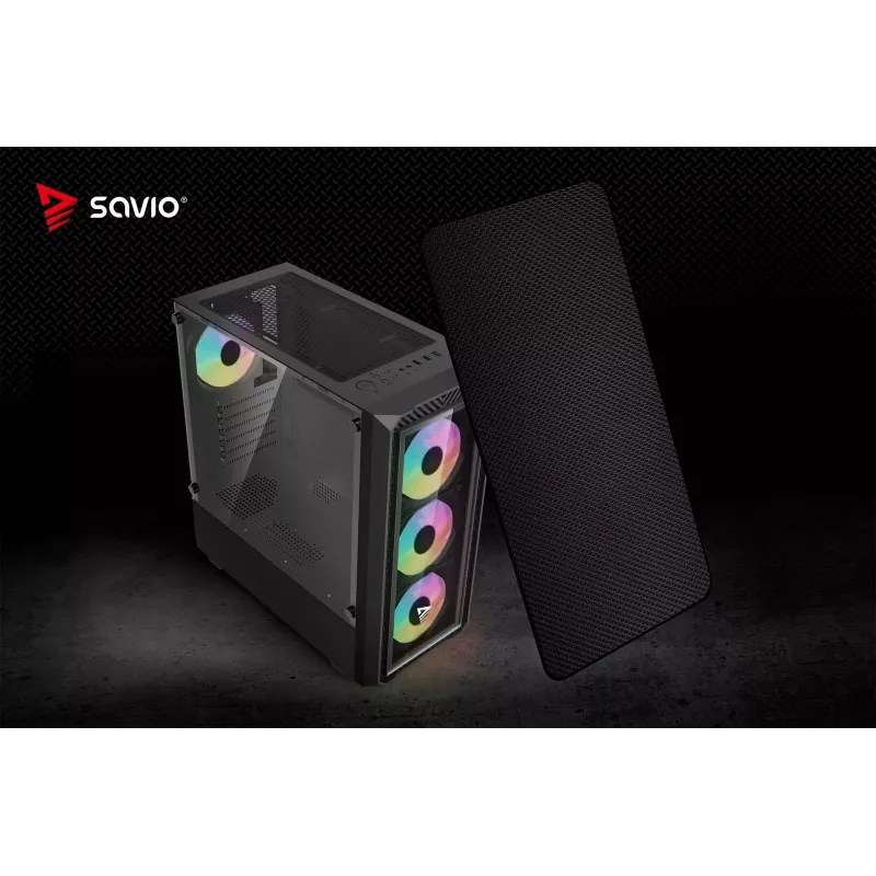 PC kuubikujuline korpus SAVIO Noctis Glass RGB — must, ATX/Micro-ATX, 210×410×450 mm, 3×120 mm esiventilaatorid