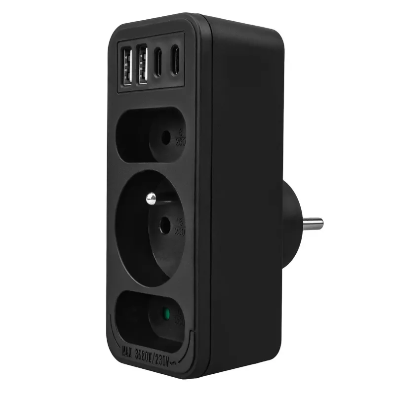 Toitejaotur MACLEAN MCE248 F/B — 3 vahelduvvoolu pesa (1x16A, 2x6A) ja 4 USB-porti (2xUSB‑A, 2xUSB‑C PD 20W), EL-pistik, must