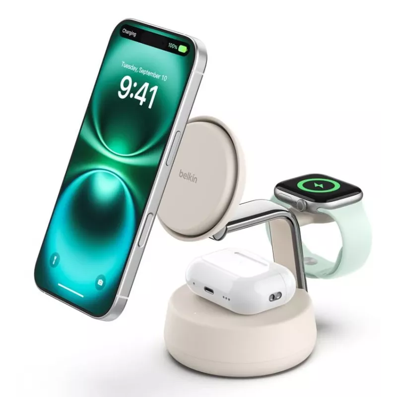 Juhtmeta USB-laadija Belkin Qi2 WIZ040KQSD — 25 W, USB toide, 1,5 m kaabel, valge, nutitelefonile nutikellale kõrvaklappidele treeningujälgijale