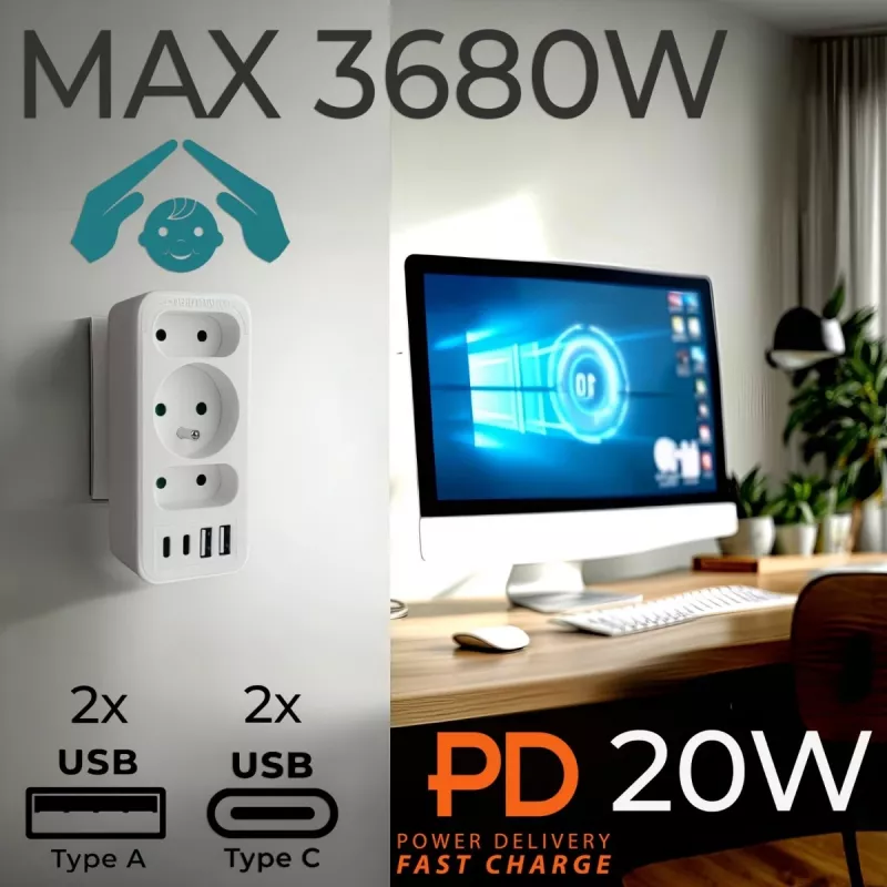 Toitepistikupesade jagaja MACLEAN MCE248 F/W — 3 vahelduvvoolu pistikupesa (1×16A, 2×6A) + 4×USB (2×A, 2×C PD 20W), EL-pistik, valge