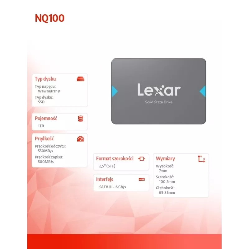 2,5-tolline SATA III SSD Lexar NQ100 1 TB — 550 MB/s lugemiskiirus, 6 Gbit/s edastus