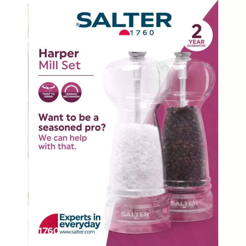 Soola- ja pipraveski komplekt Salter BW12949EU7, läbipaistvad korpused, manuaalne jahvatamine