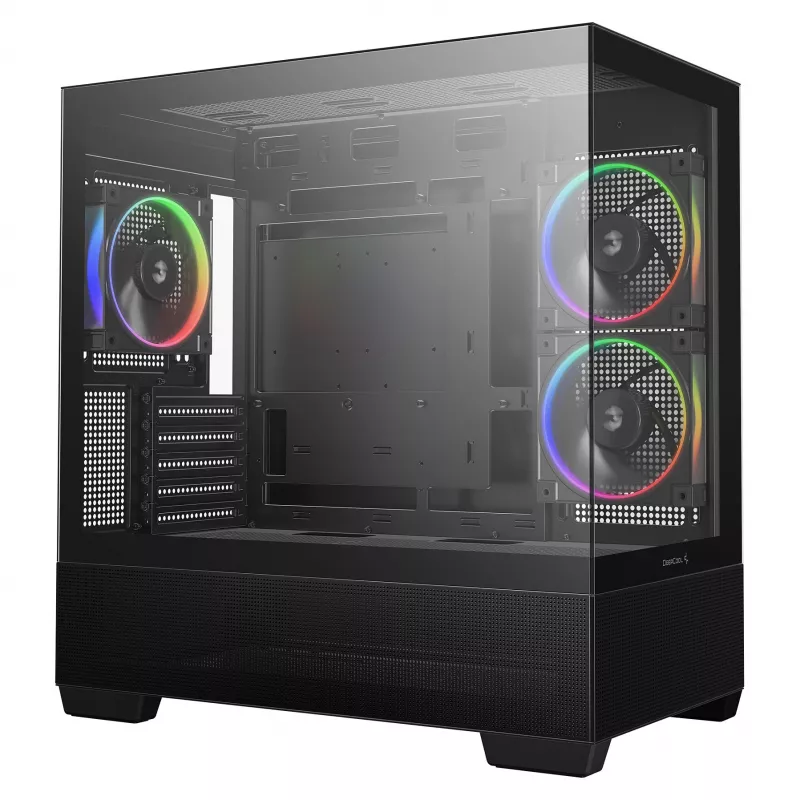 PC Midi Tower DeepCool CG380 3F — must, 235×437×451 mm, toetab 2x120 mm külg- + 1x120 mm tagaventilaatorit, alumine toiteplokk, 2.5 tolli/3.5 tolli kõvakettad