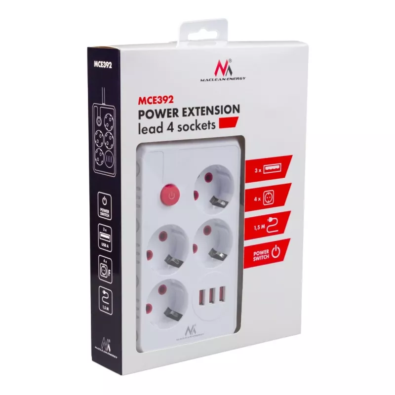 Pikendusjuhe MACLEAN MCE392 W — 4 F-pesa, 3×USB A, 110–240V, 2,1A max, 2500W, 1,5 m kaabel, valge