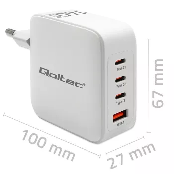 Laadija QOLTEC 51828 140W GaN 3×USB‑C PD + 1×USB‑A QC 3.0 – mitme pordiga kiirlaadija