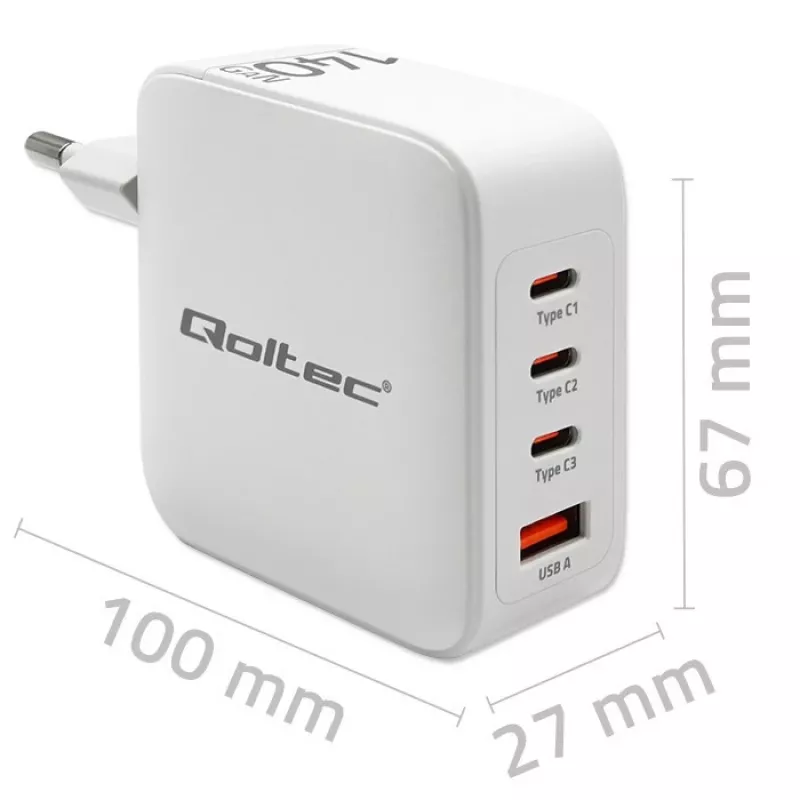Laadija QOLTEC 51828 140W GaN 3×USB‑C PD + 1×USB‑A QC 3.0 – mitme pordiga kiirlaadija