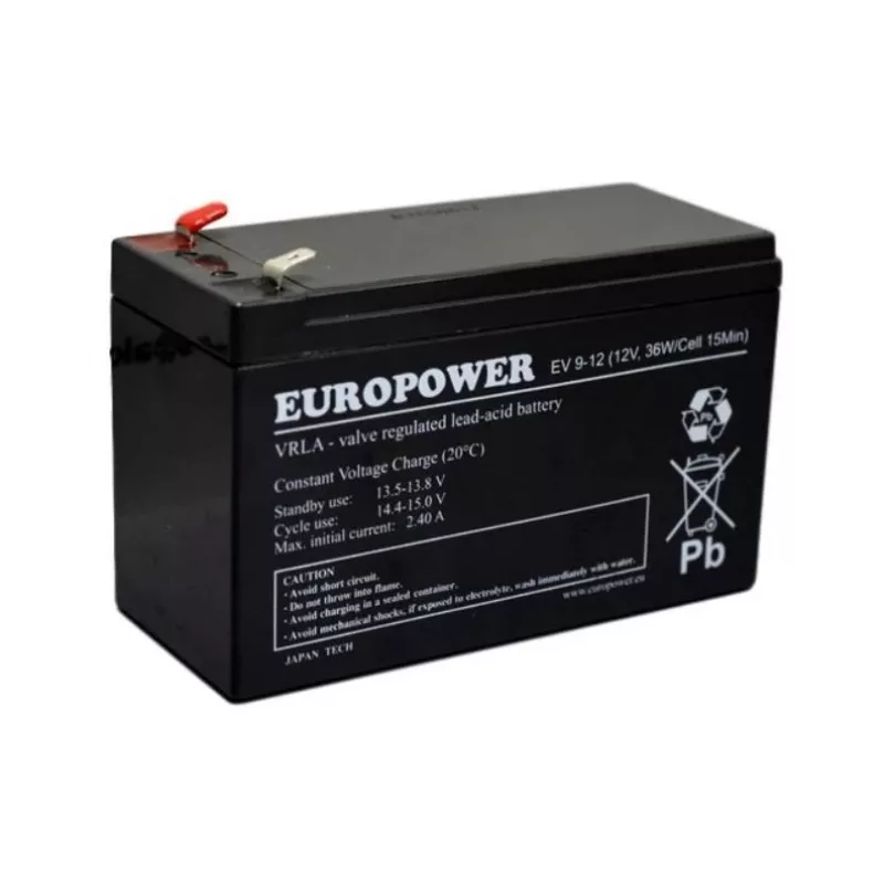 Pliiakuga suletud aku europower EV 12-9 — 12 V 9 Ah UPS-ile ja varutoitele